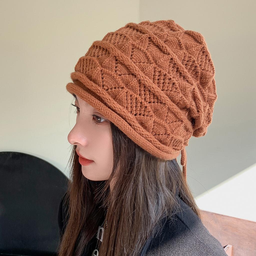 New Autumn and Winter Adjustable Lanyard Hollow Pile Knitted Hat Ear Protection Warm Fashion Fashion Headband Small Woolen Hat Showing Face