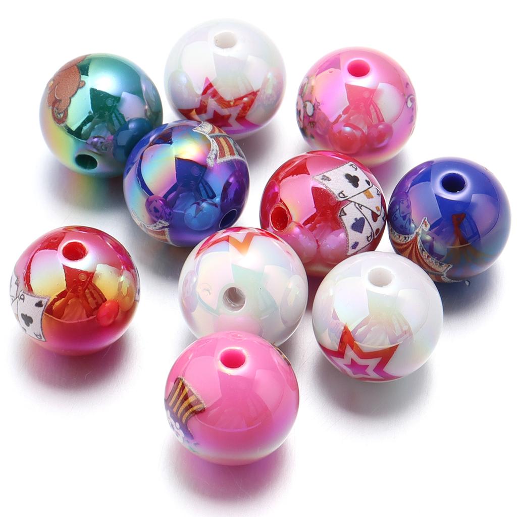 10Pcs 15.5mm Acrylic Plated UV Colored Beads Stripes Star Printed Loose Round Beads For DIY Phone Chain Jewelry Accessories