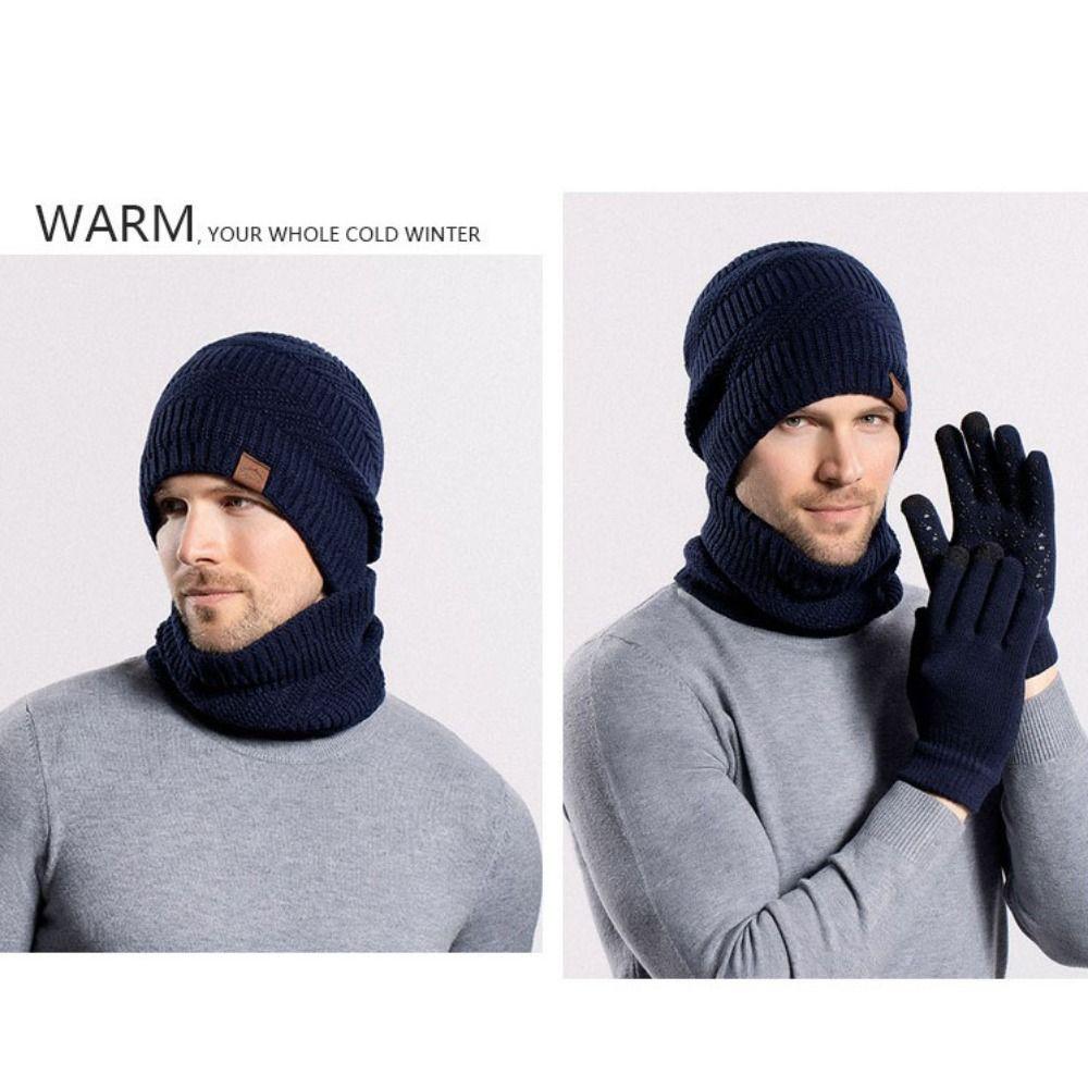 3pcs Warm Hat Scarf Gloves Set Solid Color Winter Beanie Hat Hiking Thermal Knit Cap  Cold Weather