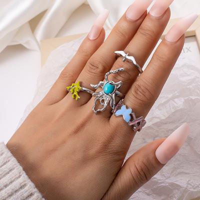 4pcs/set Coral Spider Butterfly Eagle Ring