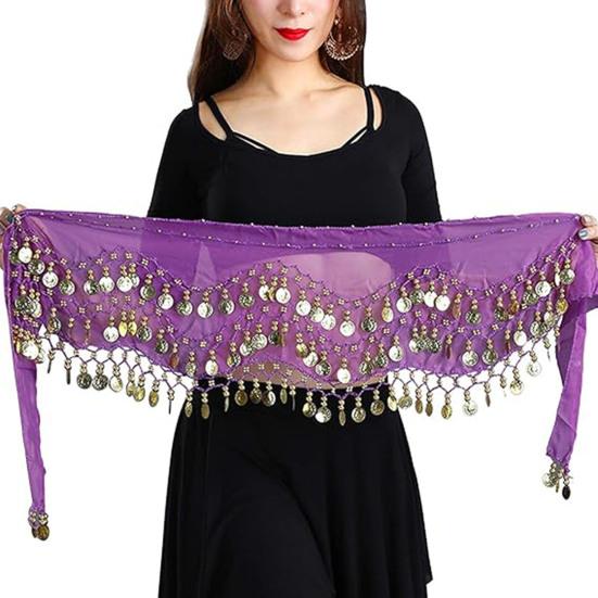 Belly Dance Hip Scarf Women Waist Scarf Belly Dance Skirt with 98 Golden Coins Knot Tying Hip Wrap for Dance Training Performance Beach Wear