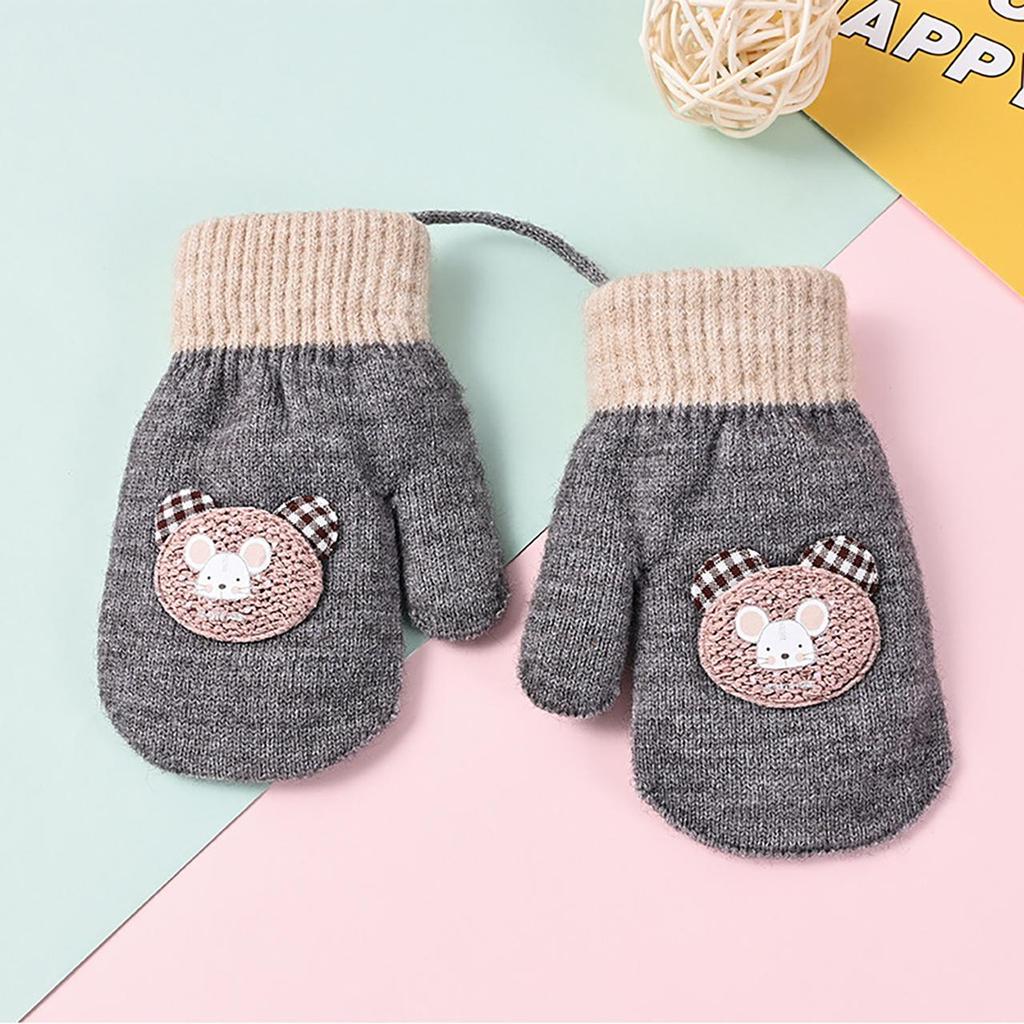 Baby Winter Gloves Cute Cartoon Thick Plush Knitted Mittens Outdoor Cold-proof Kids Boys Girls Full Finger Gloves With Ropes