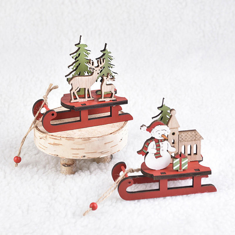 Cute Christmas Sledge Shape Ornaments DIY Wooden Santa Snowman Desktop Decor Holiday Xmas Tree Assembled Wood The Assembly Decoration