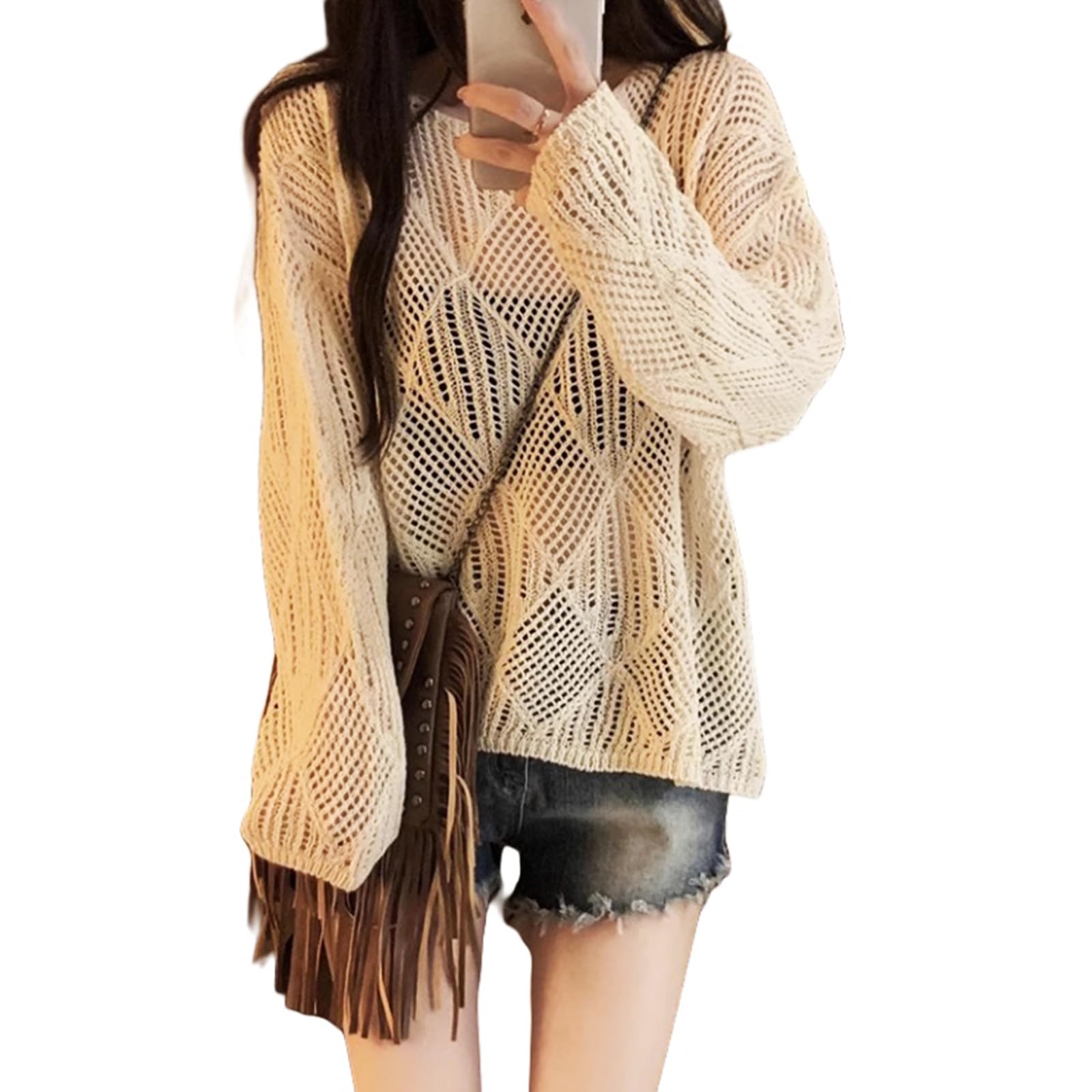 

Gdnelhuonox Summer Knit Mesh Openwork Available in 4 Long Loose Casual Fashion for Spring and Summer Women s Pullover, V-Neck, Colors, Sleeves, Fit, абрикосовый