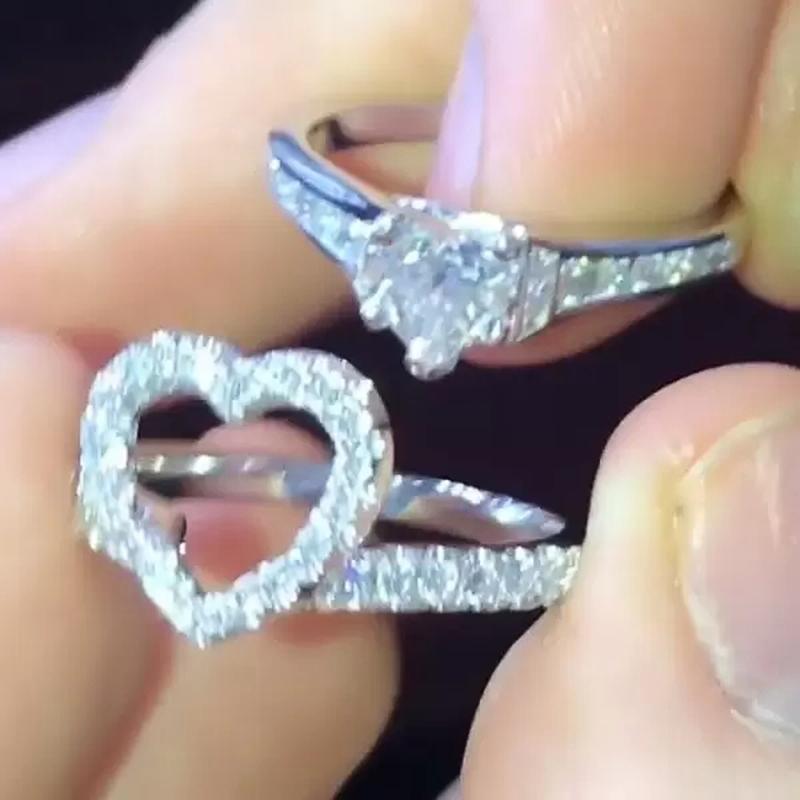 Ensemble de 2 bagues de fiançailles romantiques en forme de cœur pour femme, bijoux tendance, cadeau amusant