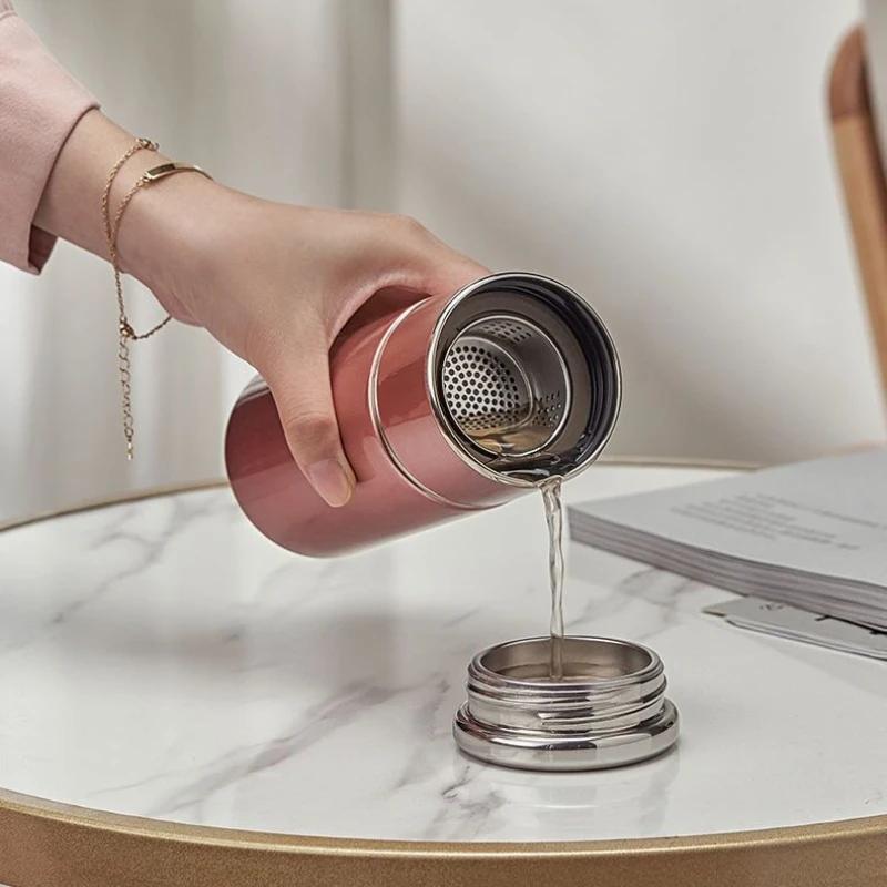 300/400ml 304 Stainless Steel Pocket Thermos,Double Wall Vacuum Insulated Water Bottle with Separate Tea Filter Office Travel