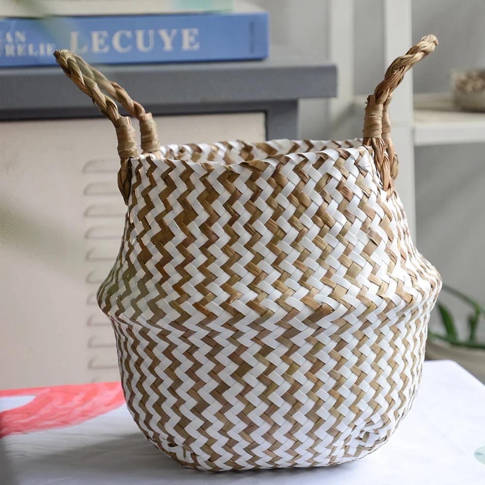 Boho Decor Striped Wicker Storage Baskets Handmade Collapsible Laundry Basket Patchwork Seaweed Flower Belly Garden Flower Pot