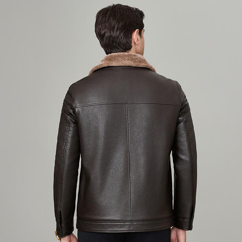 Genuine Leather Jacket Men's Fur Integrated Velvet Thickened Autumn and Winter Dad Genuine Leather Jacket