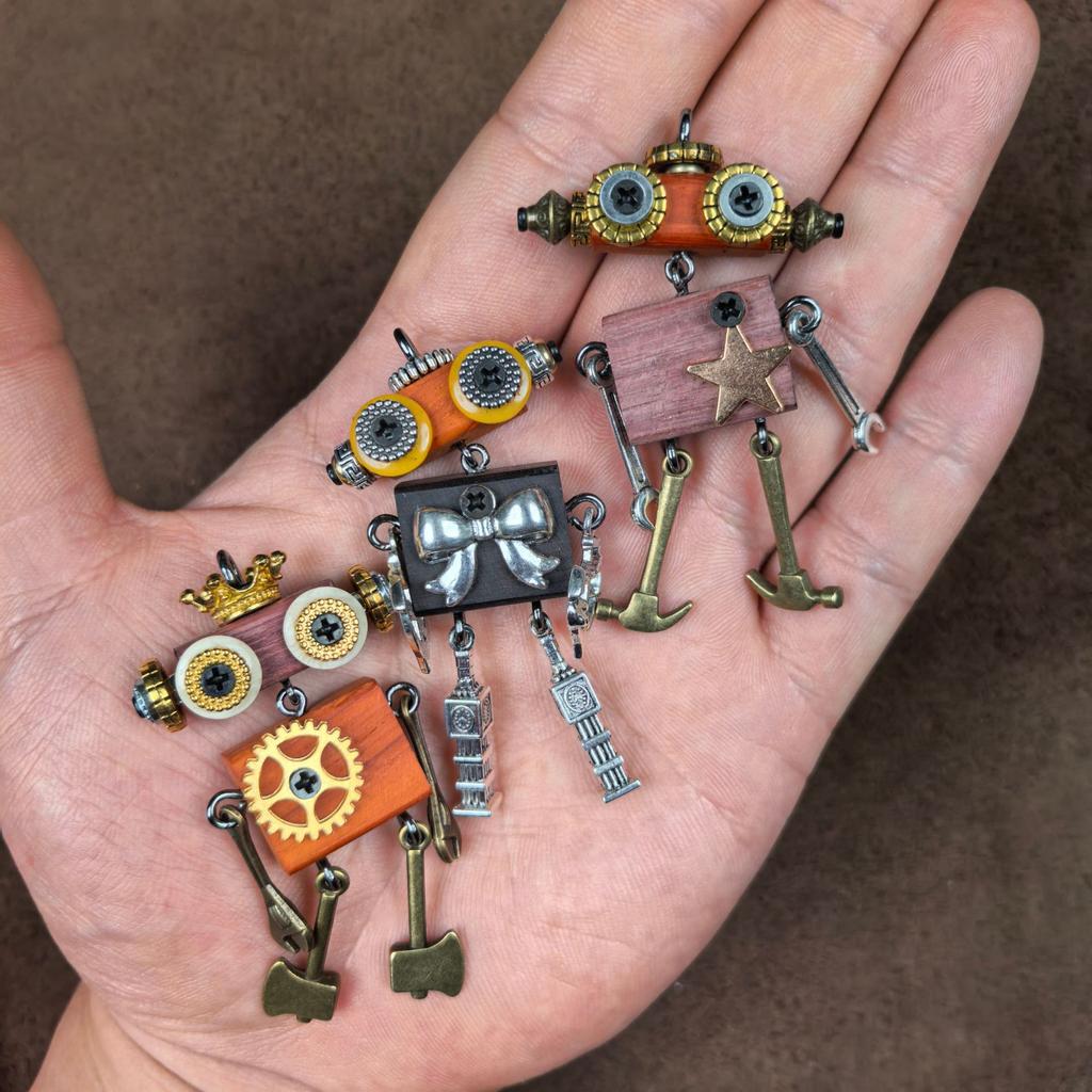 Handmade Punk Robot Pendant Wood Body Metal Eyes Legs Gun In Hand Necklace Keychain Pendant
