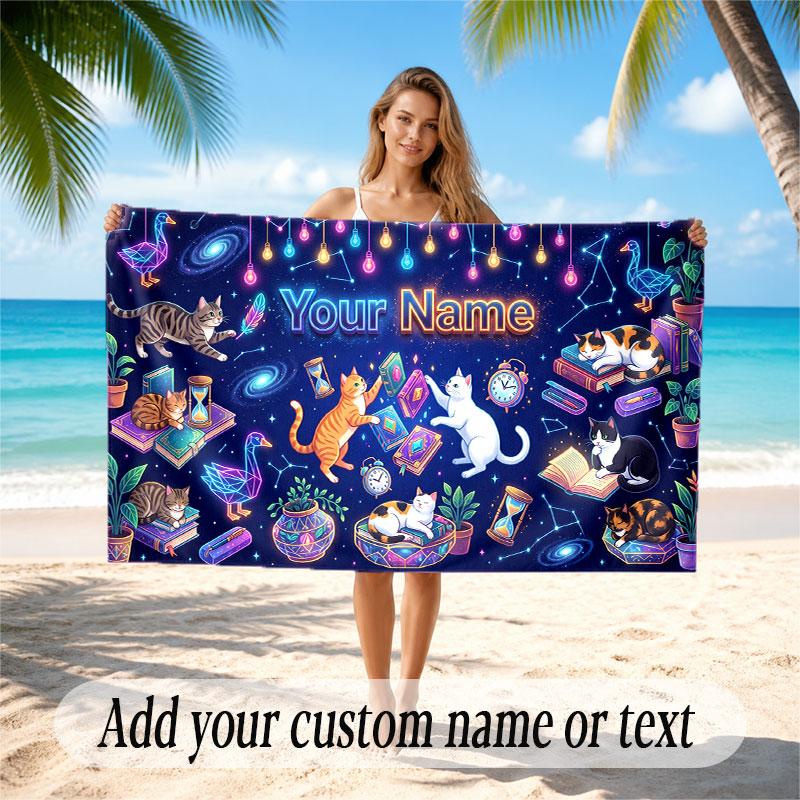 Cat Theme Soft Beach Towel Personalized Custom Name Text Towel Portable for Beach Pool Travel