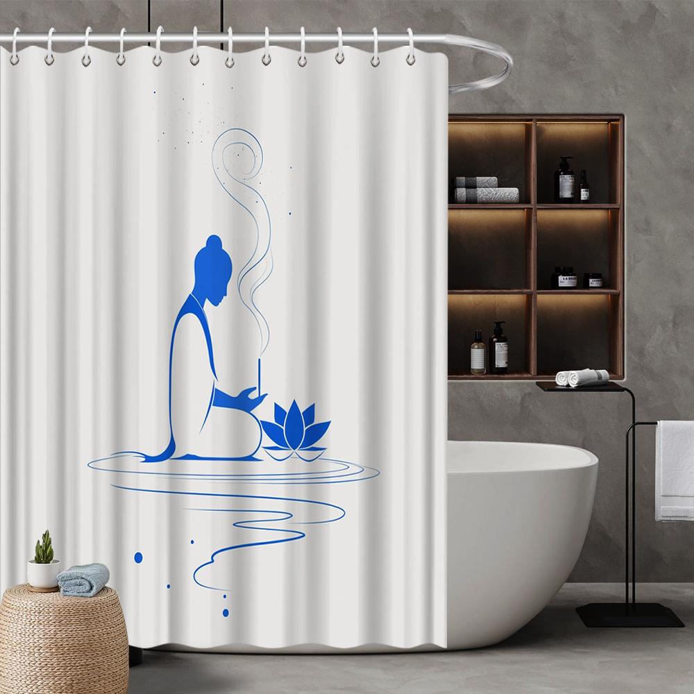 Meditative Pose Shower Curtain, Blue Monochrome Lotus Flower Design, Reflective Calm Theme, Fade-Resistant, Stylish Bath Decor