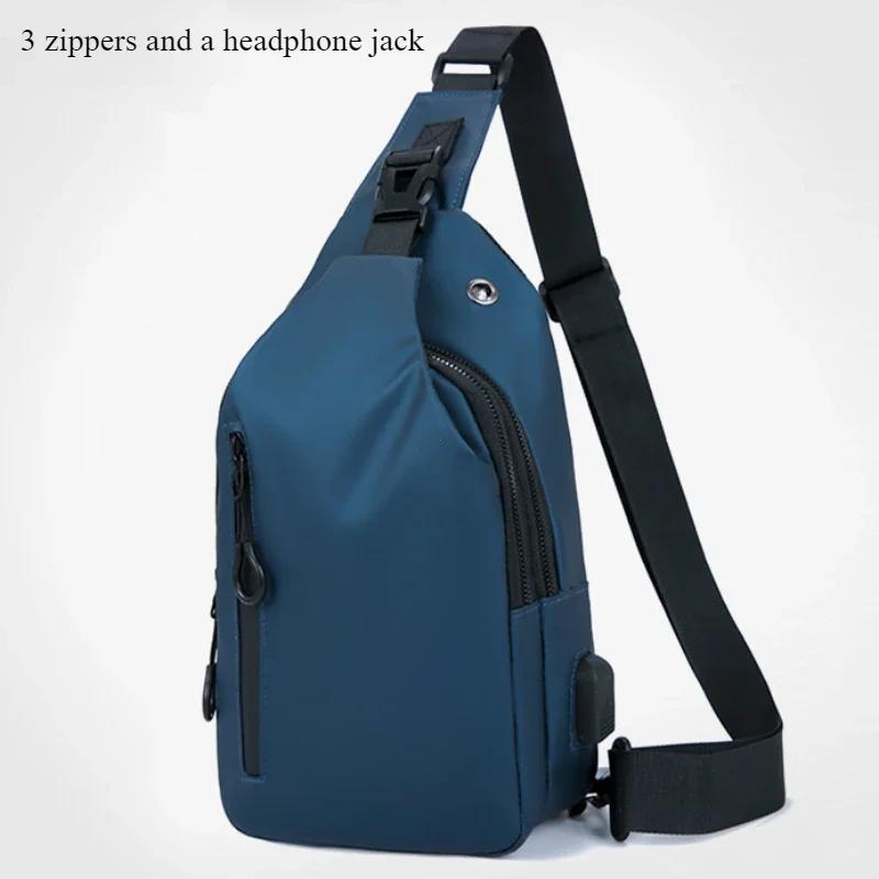 Men Bag Fashion  Solid Color Men Chest Bag Outdoor Casual Fashion One Shoulder Crossbody Bag Nylon USB Charging Shoulder Bags