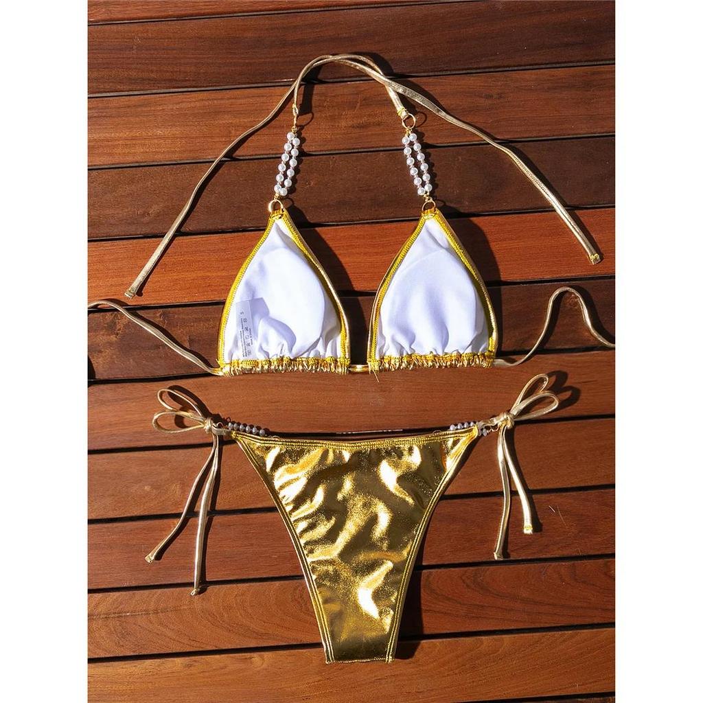 Sexy Pearls Halter PU Faux Leather Bikini Female Swimsuit Women Swimwear Two-pieces Bikini Set Bather Bathing Suit Swim
