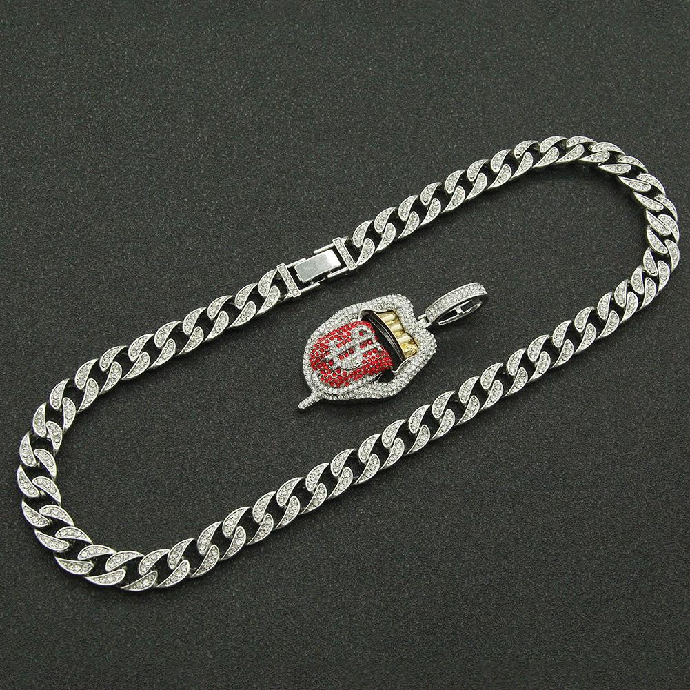 Full Diamond Three-dimensional Dollar Tongue Cuban Chain, Hip-hop Rap Pendant, Eu and American Hipster Decoration Exaggerated Cuban Chain Necklace