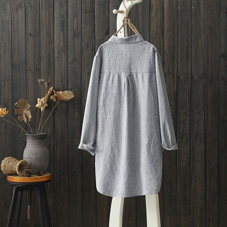 Spring and Autumn Embroidery Mid-length Long-sleeved Cotton and Linen Shirt Women's Pinstripe Literary Large Size Loose Shirt Top