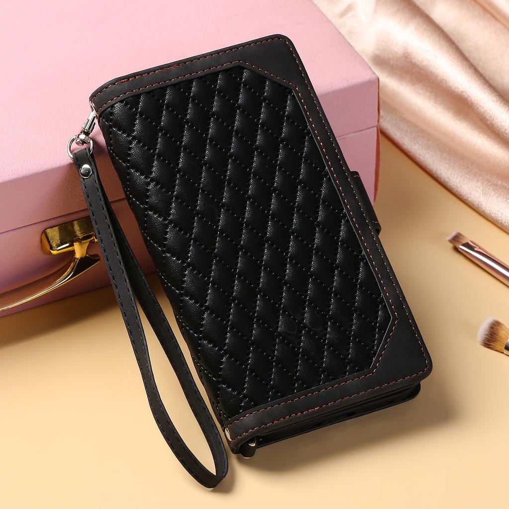Quilted Zipper Wallet Case for iPhone 17 Pro & Samsung S25 Ultra - Flip Leather Card Holder Cover with Wrist Strap