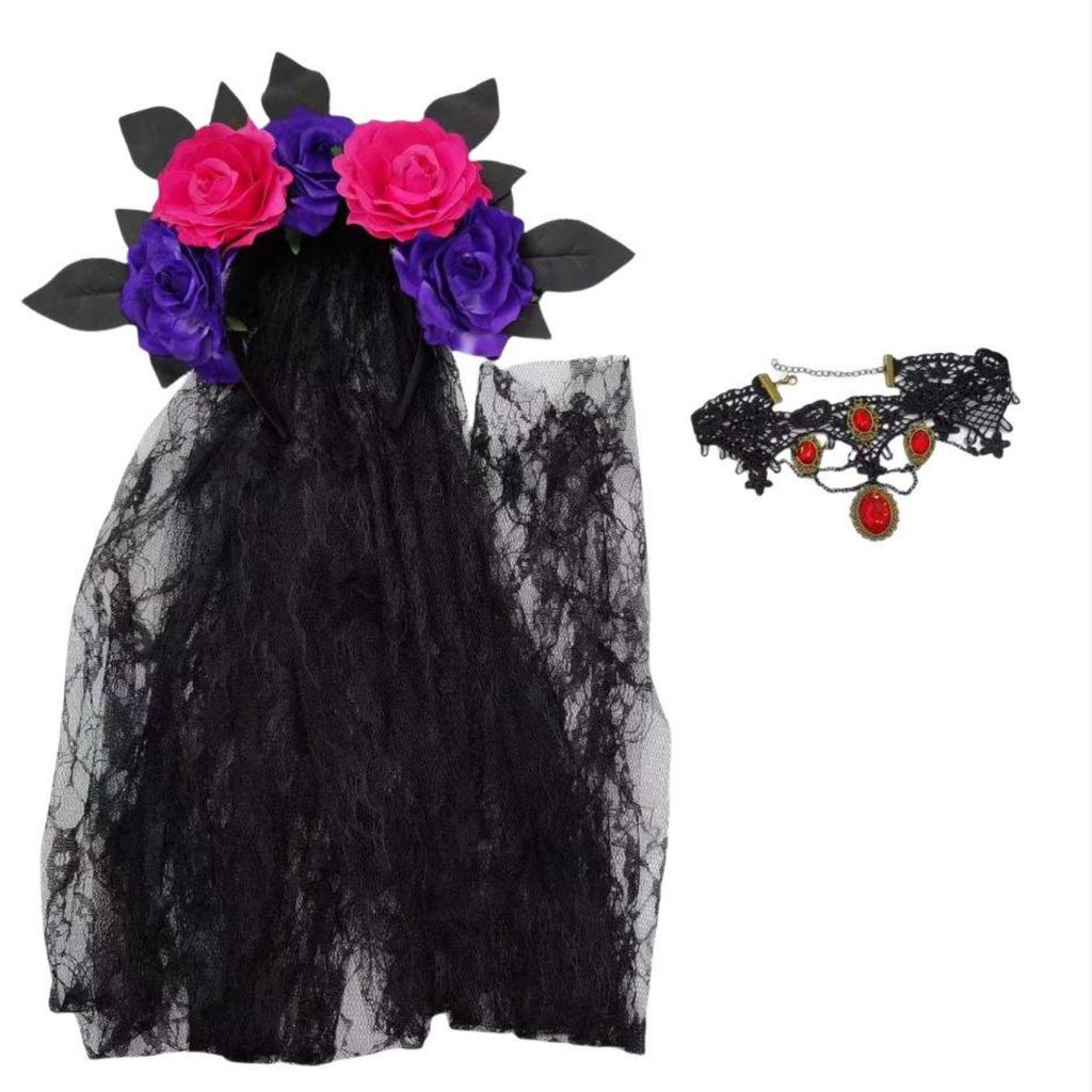 Halloween Headband Wreath Simulated Rose Flower Headband Lace Veil Bridal Party Headband Headband