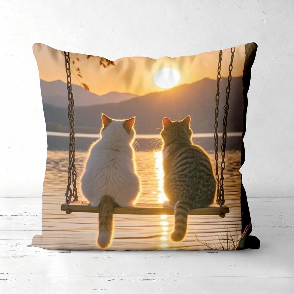 Pieces Sunset Cats Scenic Throw Pillow Covers Polyester Sofa Decorative Cushion Cov Headboard Pillow (Without Pillow Core