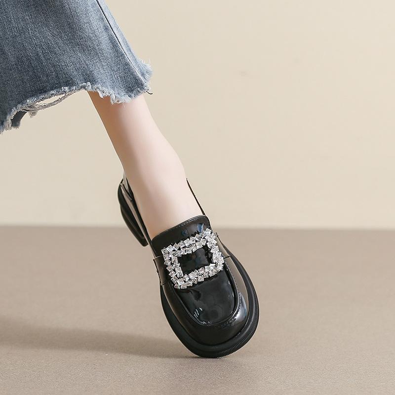 Thick-soled small leather shoes for women, retro one-pedal rhinestone single shoes for women