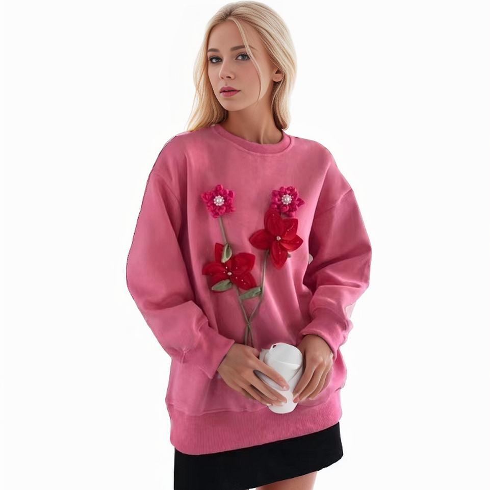 

DIMANAF 2024 новые женские толстовки и свитшоты с длинными рукавами, свободные повседневные повседневные о-образным вырезом с цветочным принтом, осенние базовые красные топы, футболка, пуловер