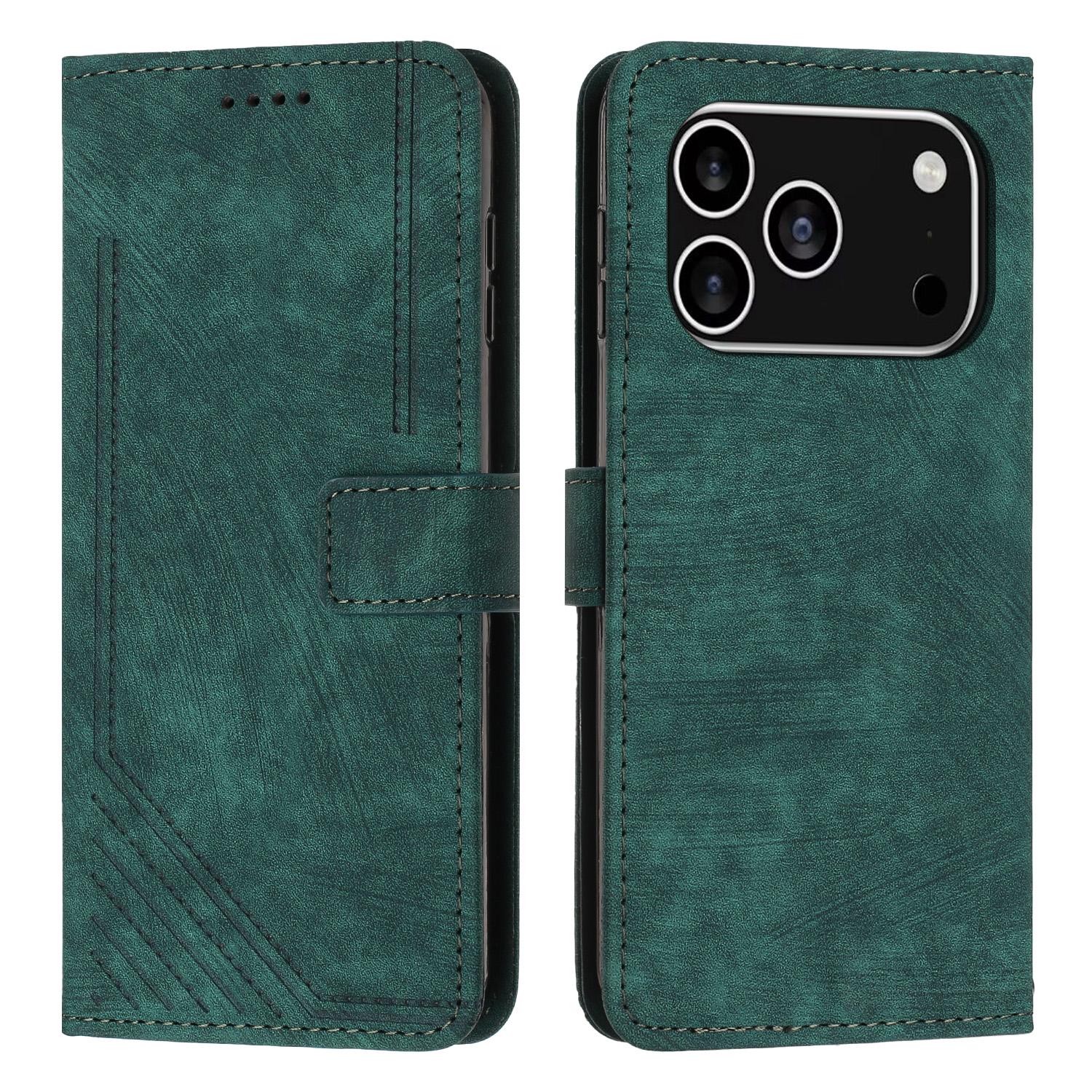 

For iPhone 17 Pro Stand Case Imprinted Lines Leather Phone Cover Green