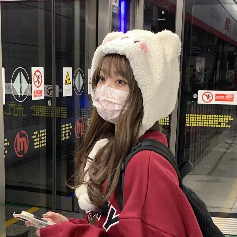 

Cute blush bear hat women autumn and winter thickened warm ear protection pullover hat lamb fluffy knitted hat One Size