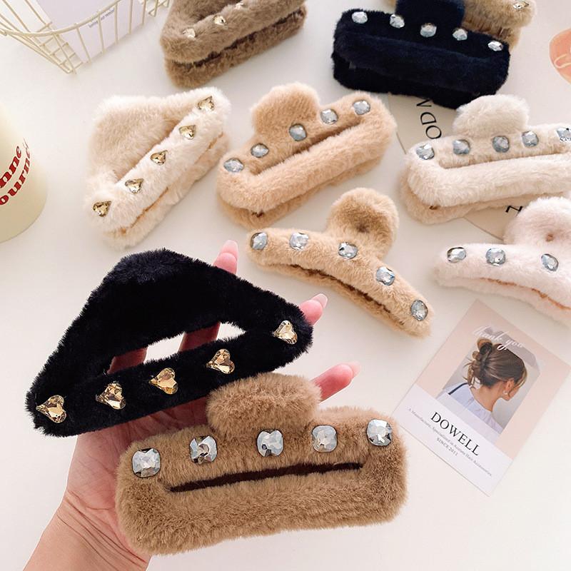 Chic Korean Style Soft Plush Hair Claw Clip With Sparkling Rhinestones For Women