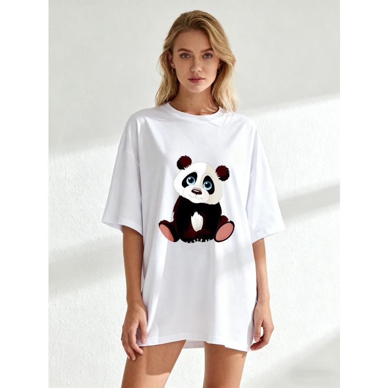 Cute Panda Print Oversized T Shirt Black Cartoon Animal Design For Casual Wear And Everyday Style