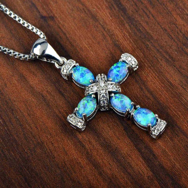 Opal Cross Pendant Necklace Women Copper Chain With White Blue Rose Gold Gemstone 45cm5cm Adjustable Geometric Design