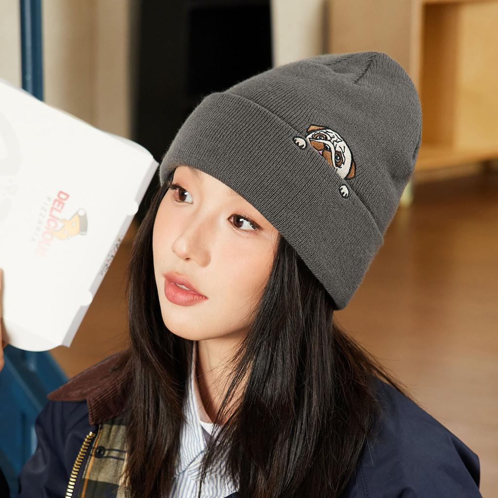 New Dog Embroidery Beanie Hat for Winter, Ear Warmer Knit Cap for Men and Women, Warm Fleece Lined Unisex Skull Cap
