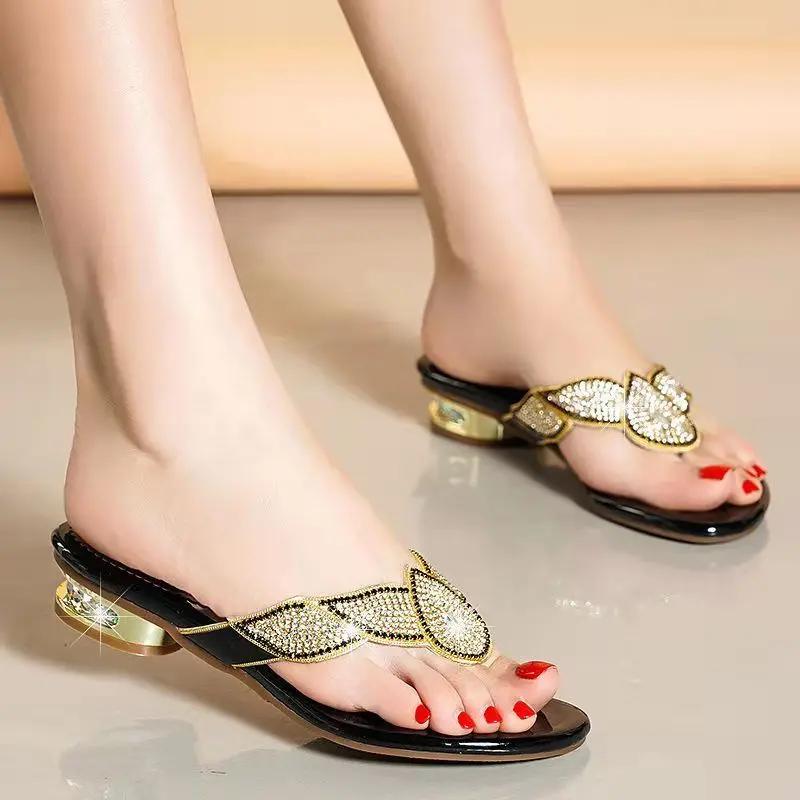 Women's Shoes 2024 New Rhinestone Sandals Women's Soft Leather Bottom Flip-flops Korean Version Beach Shoes