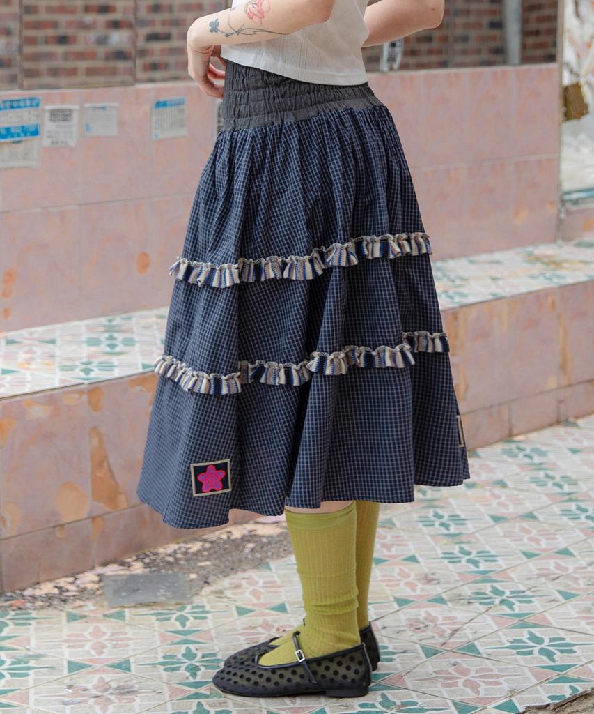 Lunakihu Wxsk019 Yurarimori Check Smoked Banding Skirt (Navy)