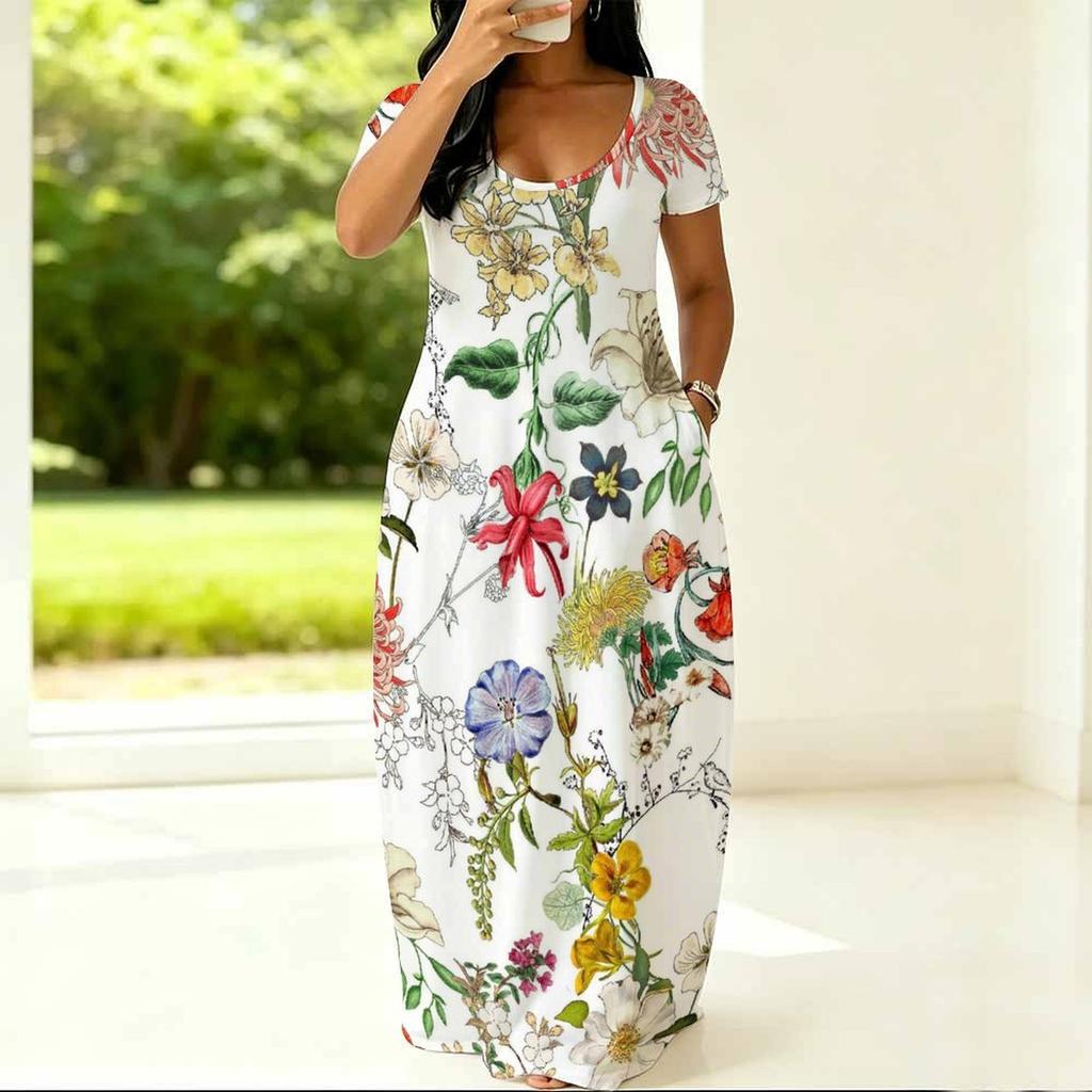 Women Loose Fitting Round Neck Dress Short Sleeve Plus Size Apparel For Summer Casual Daily Activities