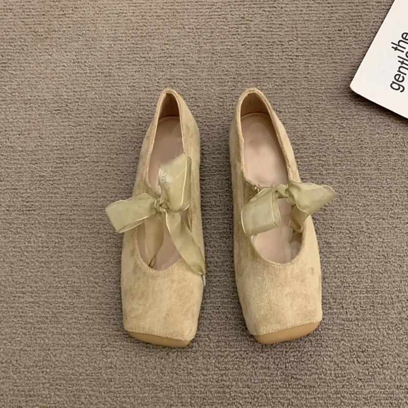 Fashion Comemore French Retro Style Ballet Single Shoes Women Square Head Soft Bottom Mary Jane Shoes Solid Color Lace Up Casual Flats