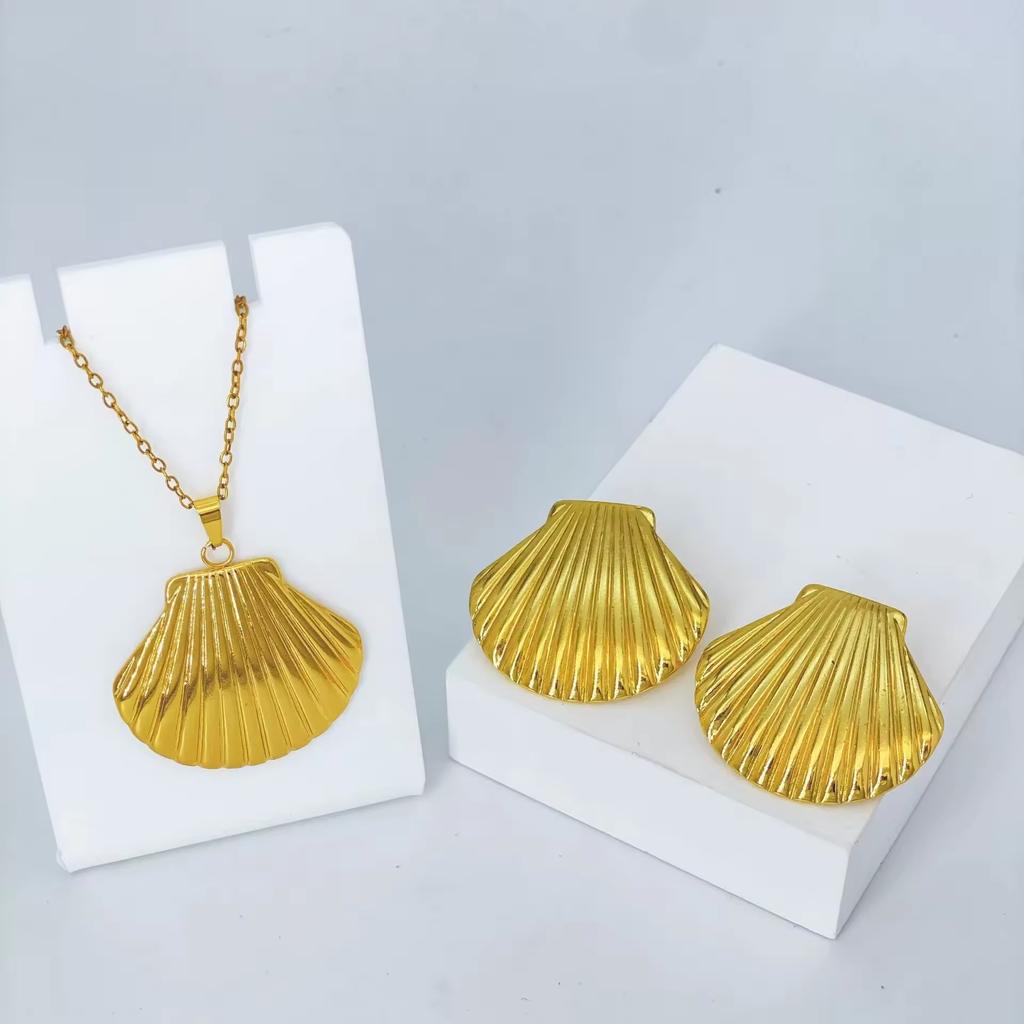 Vacation Stainless Steel Ocean Element Shell Heart Bow Flower Earrings Necklace Women's Beach Jewelry Set