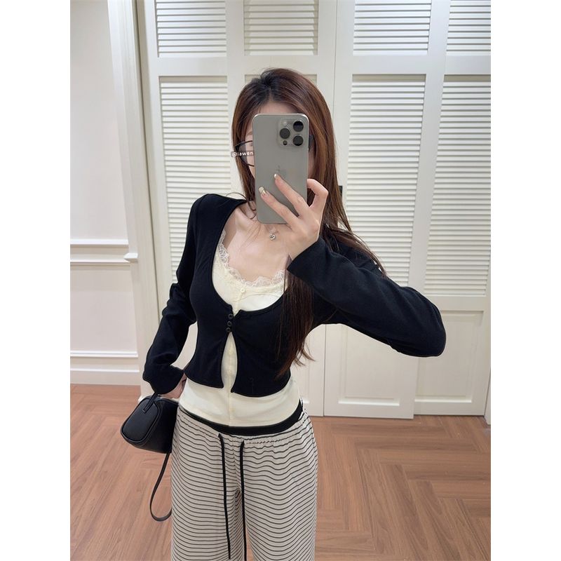 

Kumikumi Casual Suit Fake Two-Piece Stitching Long Sleeve T-shirt Women Fall Stripes Drawstring Loose Pants Two-piece Set Black spelled apricot Tops XL