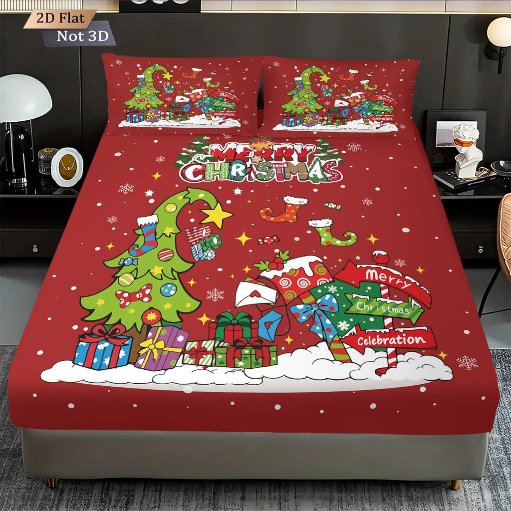 3ks Vánoční strom Abstraktní červený potisk Bezjádrová sada prostěradel Více velikostí Přikrývka na postel Ložnicové povlečení Sváteční dekorace