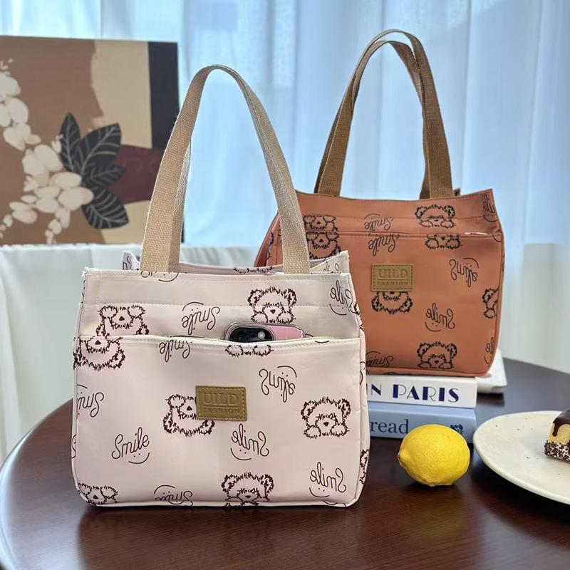 Cartoon Bear Printed Versatile Large Capacity Handbag Office Worker Portable Lunch Bento Tote Bag