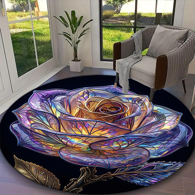 [Enchanted Azure Rose Petal Printed Carpet] Durable Home and Office Round Rug, Kitchen Farmhouse Decorative Floor Mat