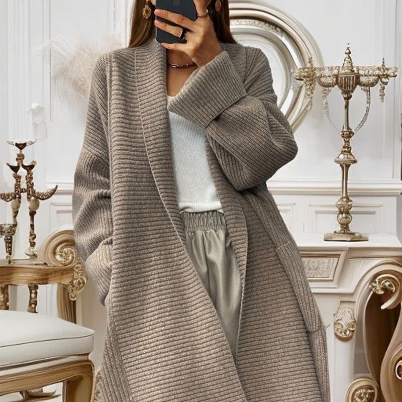 2024 Autumn/Winter Women's Thickened Mid-Length Knitted Cardigan with Pockets