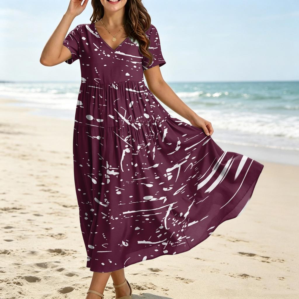 Frauen Casual Lose Bohemian Blumenkleid Kurzarm Lange Maxi Sommer Strand Swing Kleid
