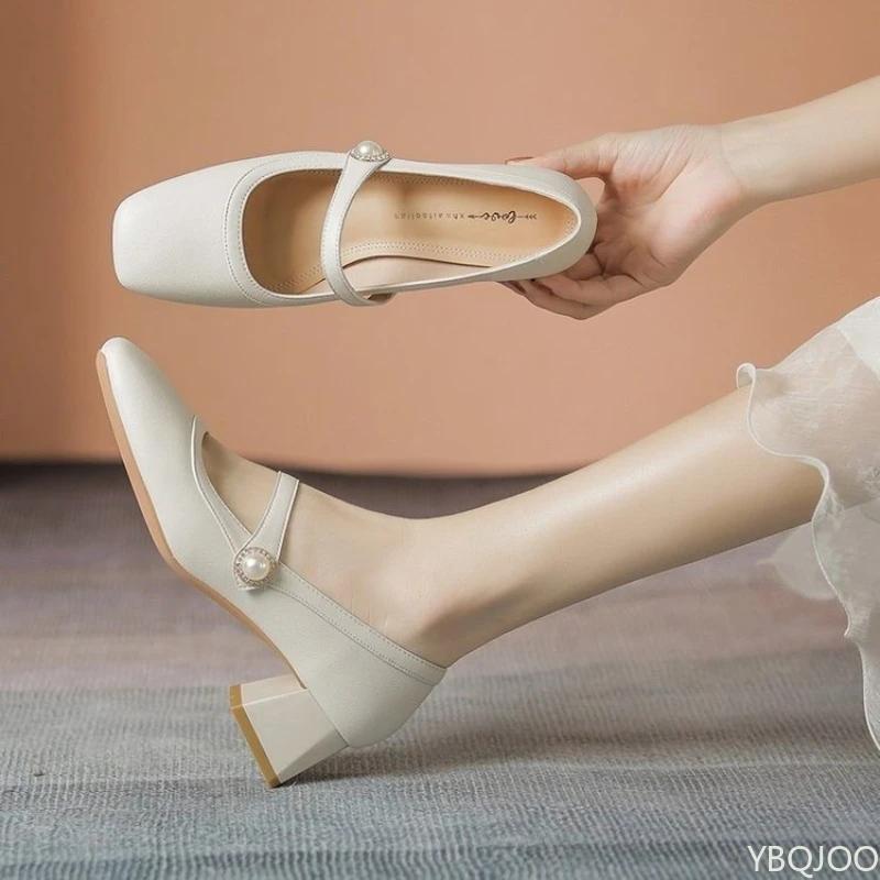 New versatile Women's high heel French soft leather thick heel Shoes Fashion square toe shoes Elegant Comfort ladies pumps Mujer