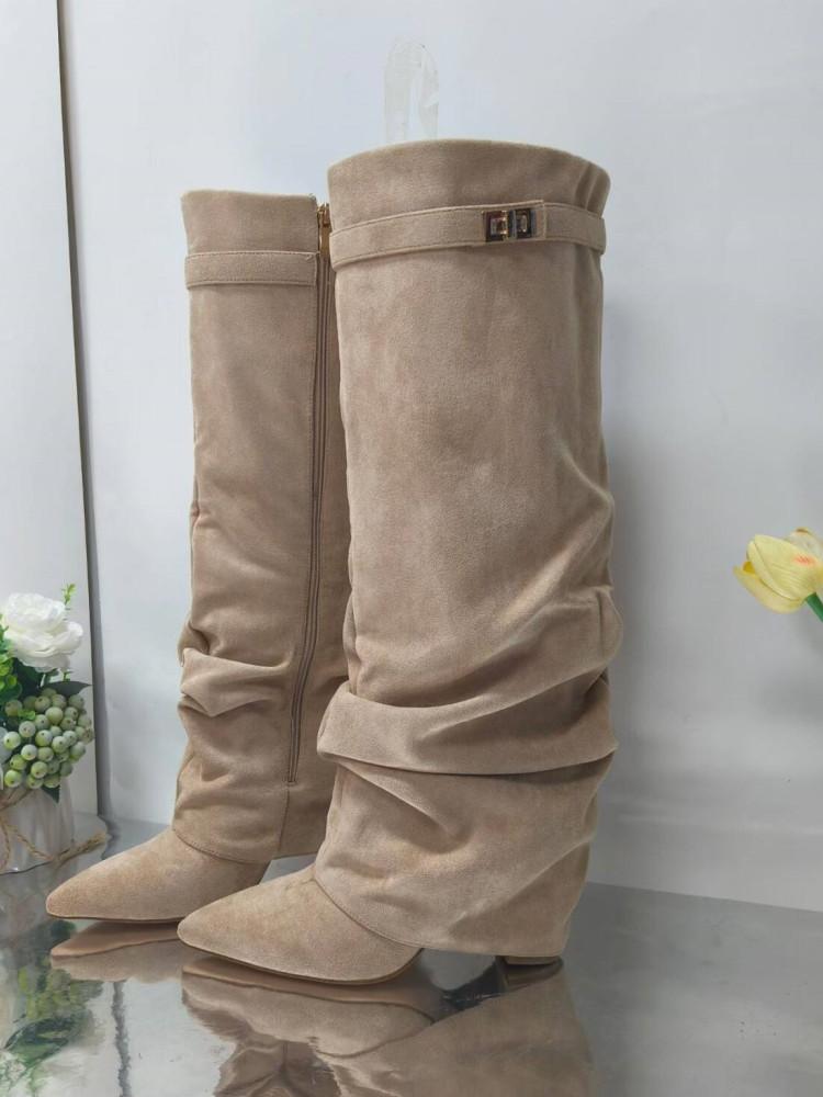 Nuovi Stivali da Donna Autunnali e Invernali a Punta Alti fino al Ginocchio, Stivali Lunghi con Tacco Spesso, Stivali alla Moda a Vita Media