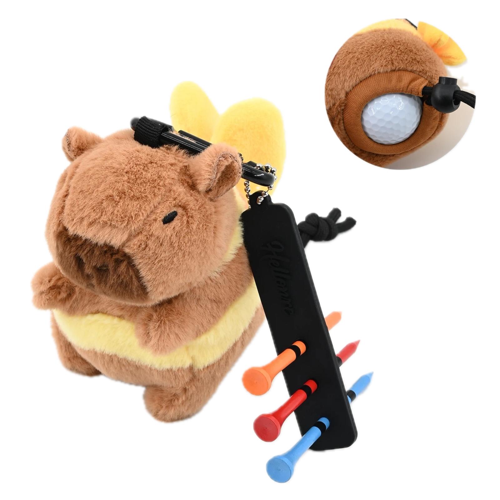 Cute Capybara Plush Golf Ball Bag Drawstring Pouch Holder for 2 Balls Portable Doll Storage
