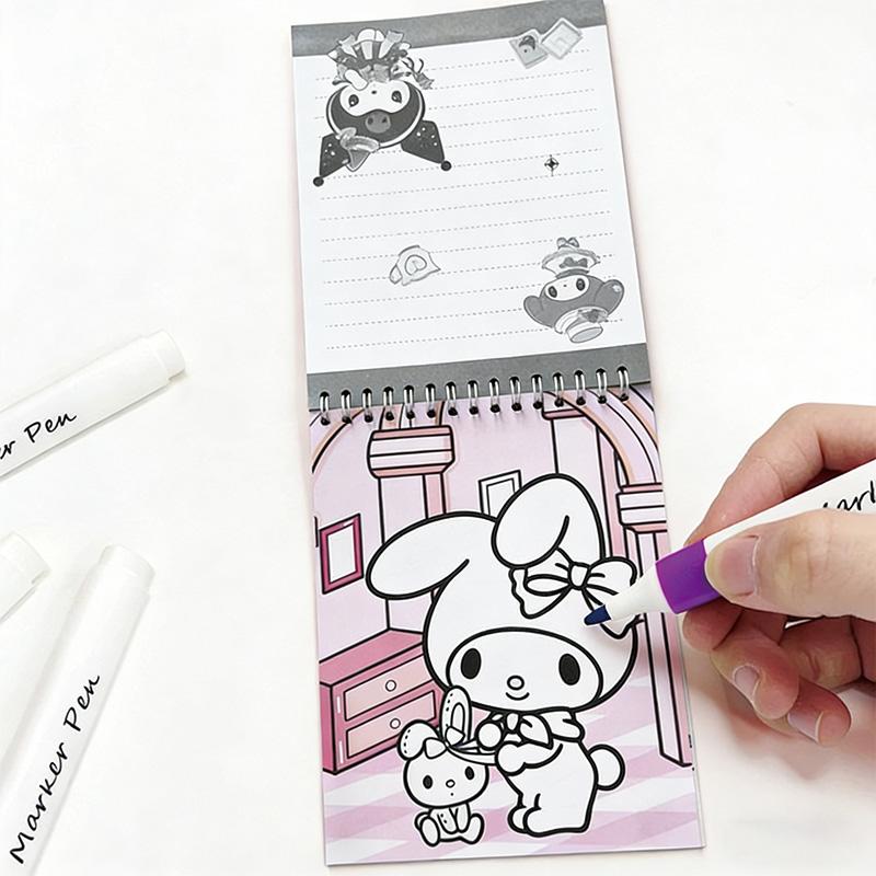 Sanrio Hello Kitty Melody Kuromi Painting Notebook Four Color Watercolor Pen Cartoon Graffiti Coloring Watercolor Painting Gift