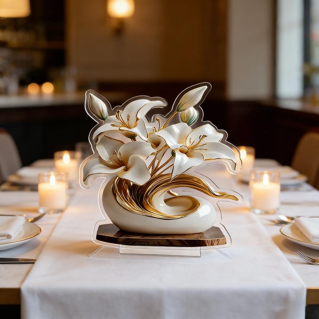 1 Elegant Lily and Vase Acrylic Figurine -2D Desktop Decoration with Gold and White Flowers, Suitable for Home Decor Ornaments