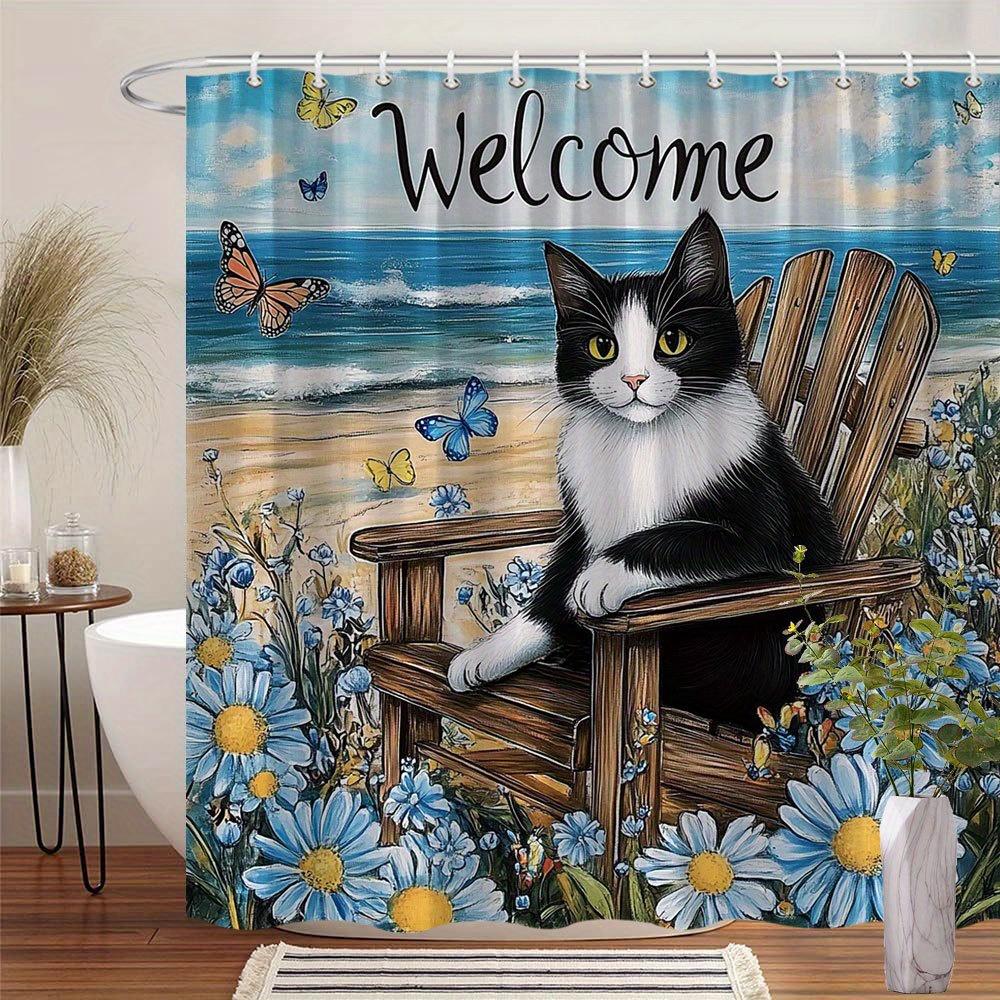 

Welcome to Beach Shower Curtain - Cat Hanging on Adirondack Chair Living Room, Bedroom Decoration - Coastal Home Decoration W90XH180cm