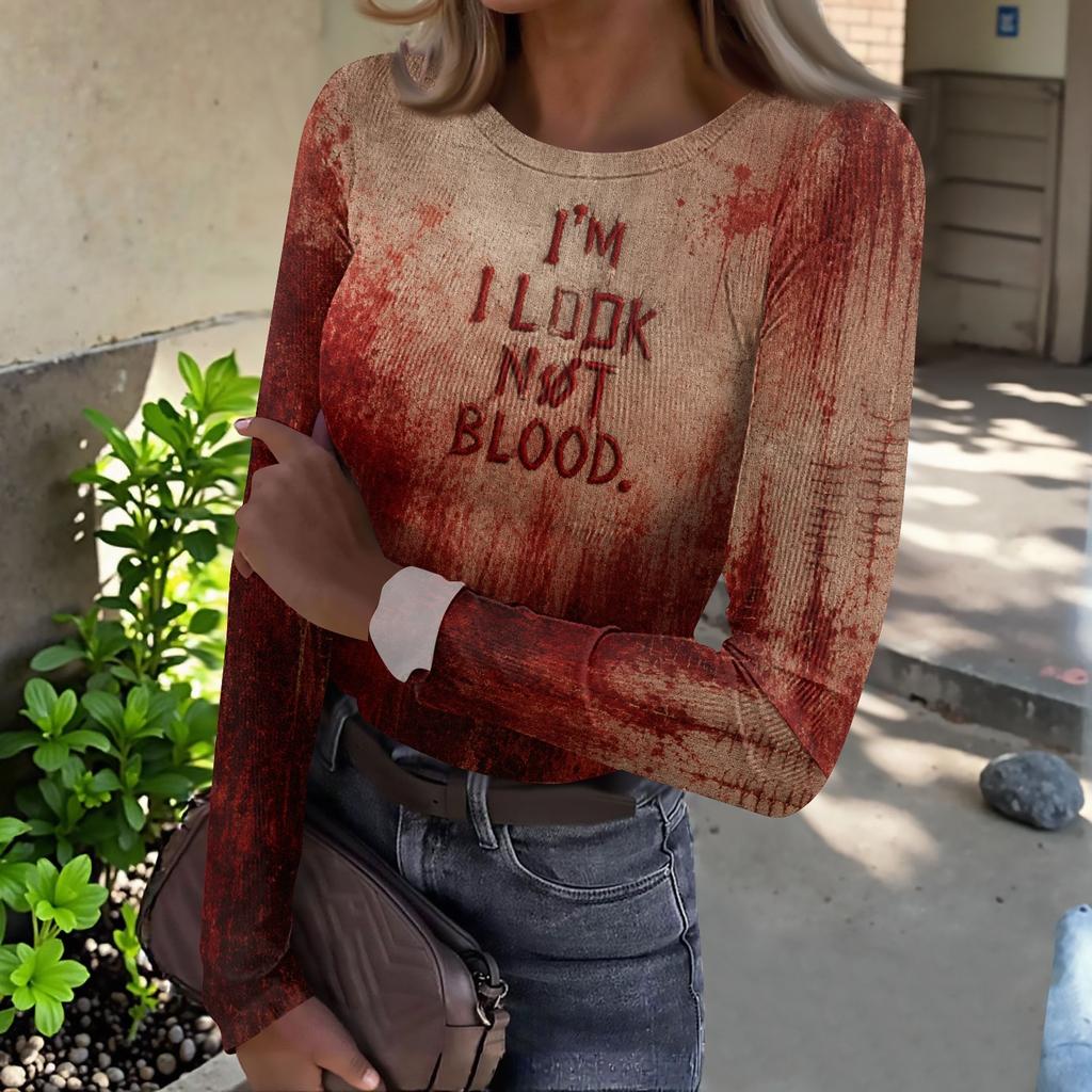 Womens Halloween Print Long Sleeve T Shirt Slim Fit Round Neck Casual Stretchy Basic Top for Autumn Winter