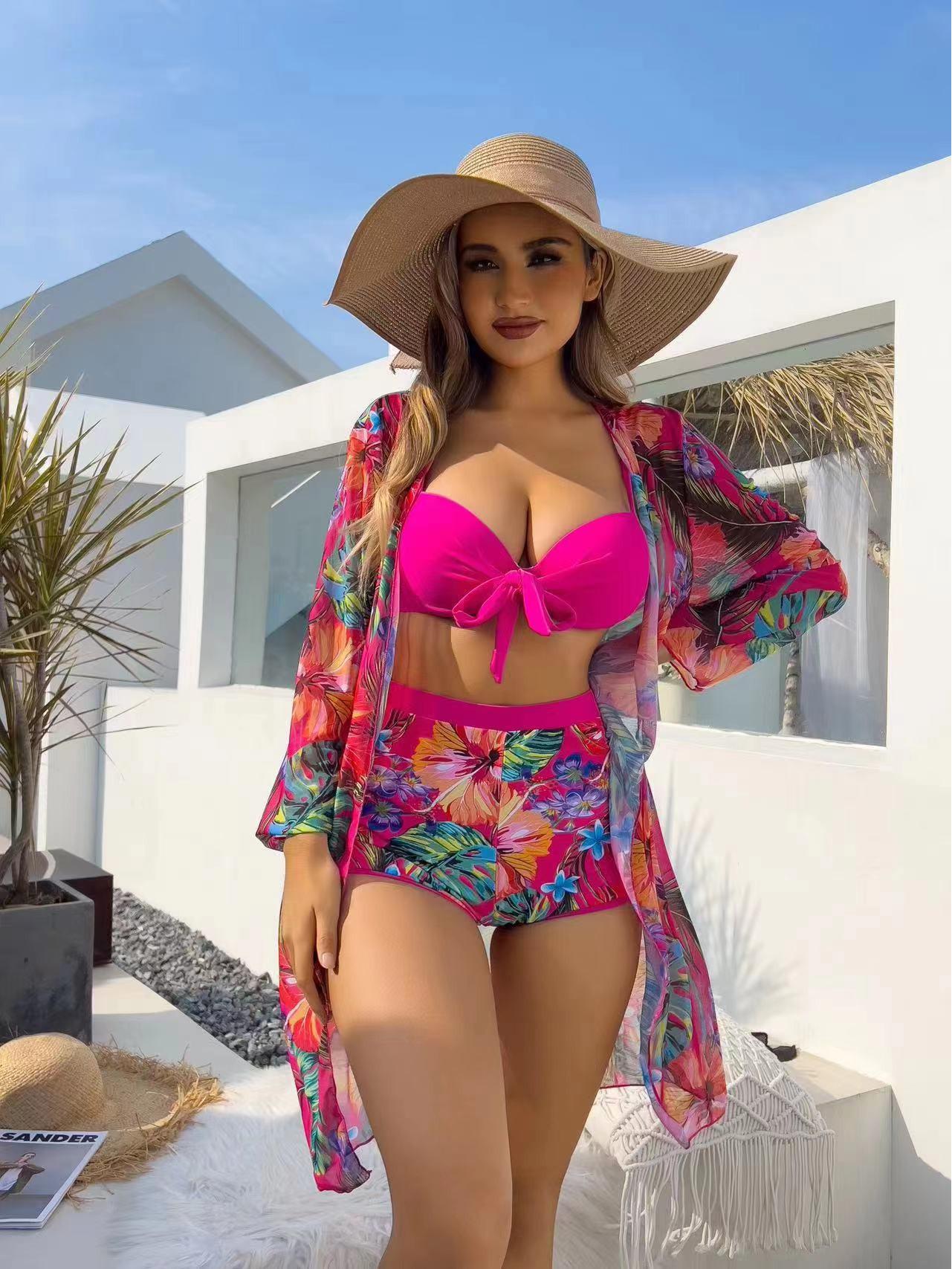 

2024 European & American Sexy Long Sleeve Three-Piece Bikini Cover-Up Swimsuit for Women Small розы красного