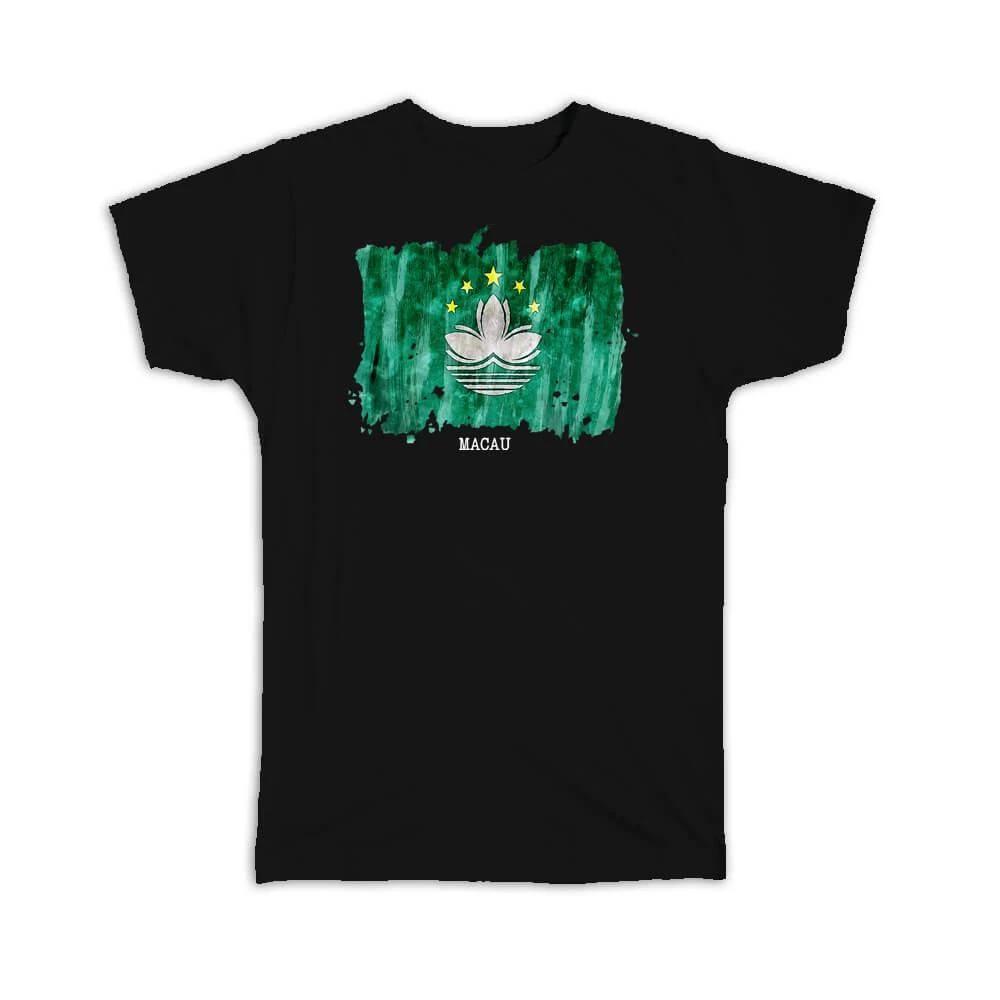 Gift T-Shirt : Macau Flag Asia Travel Expat Country Watercolor L